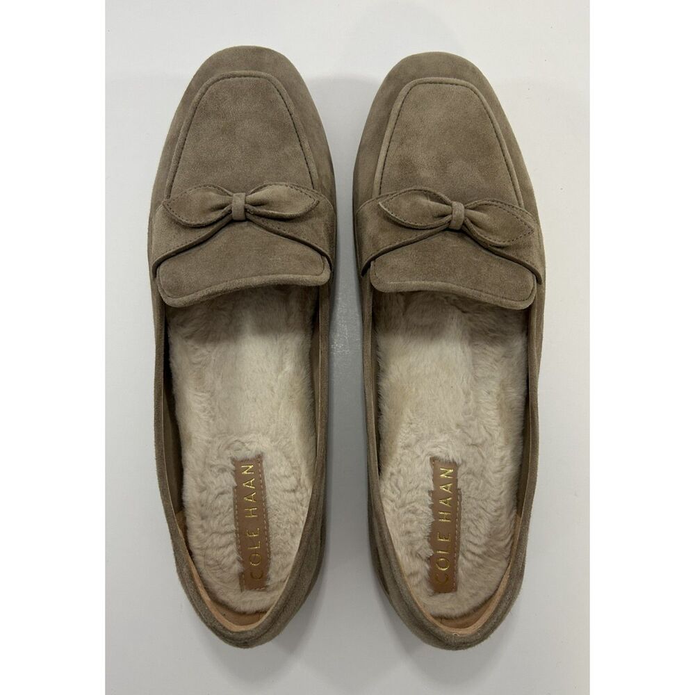 Cole Haan Suede Loafers Slip On Cozy Faux Fur Lining Bow Detail Size 9
